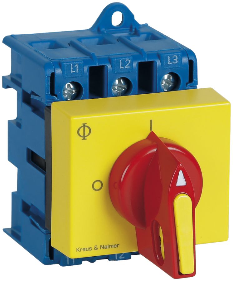 EB-Lasttrennschalter für DIN 3P, 20A, Front: 0-1, gb, 44×45mm, Sperrvor.rt/gb