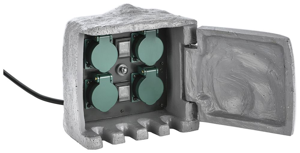 Gartensteckdose 4×T13, mit Tür 2×Schalter Dämmerungssensor IP55 Steinoptik