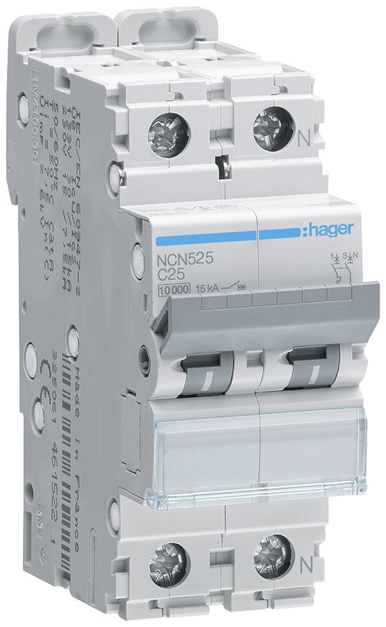 Leitungsschutzschalter Hager MCB 1P+N 415V Typ C 25A Icn 10kA Icu 15kA 2TE