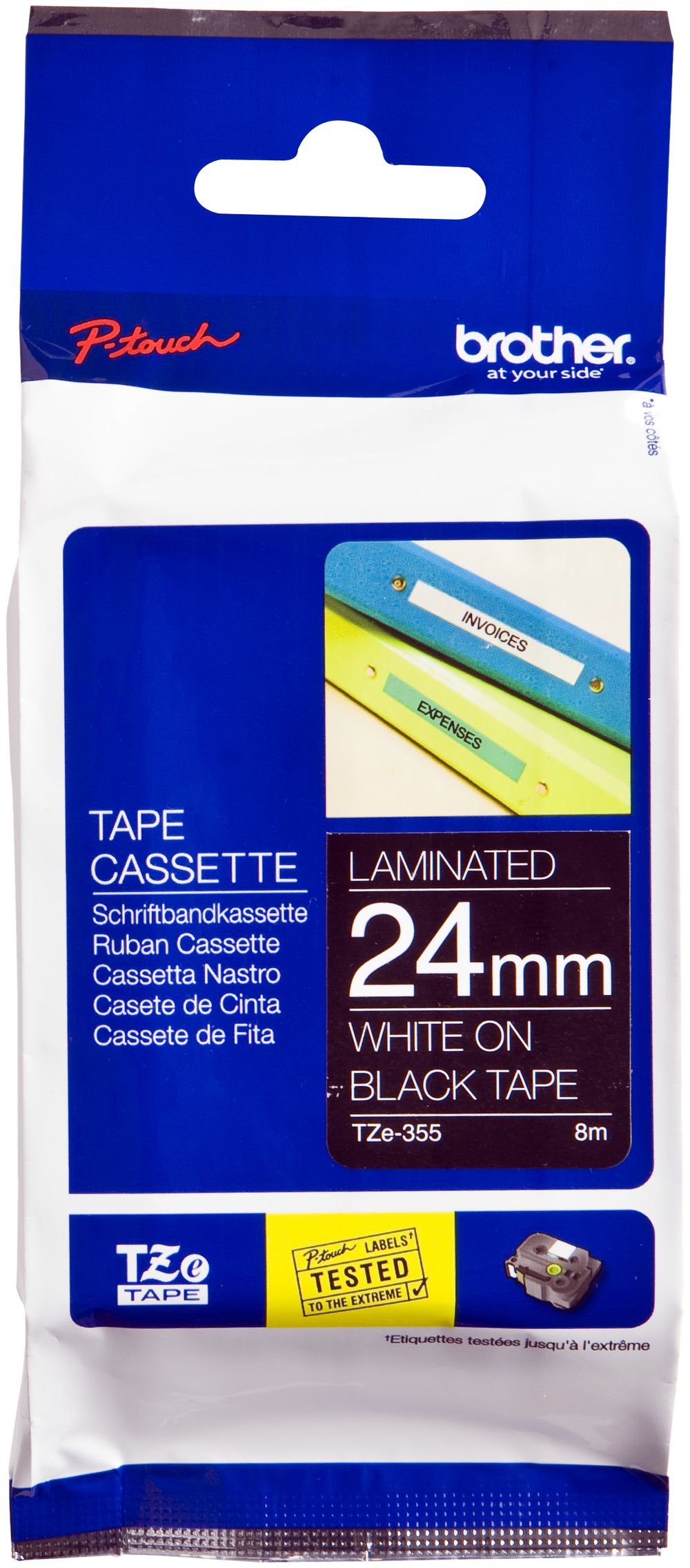 Cassette ruban Brother TZe-355 24mm×8m, noir/blanc