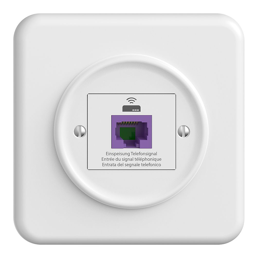 Prise de retour ENC STANDARDdue QMI 1×RJ45 p.Swisscom VoIP, 8 pôles, UTP, blanc