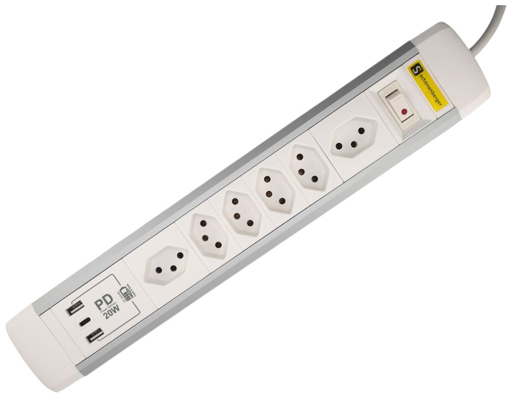Prise multiple M. Schönenberger 10A interrupteur EN/HORS 6×T13 3×USB 2m bc/al
