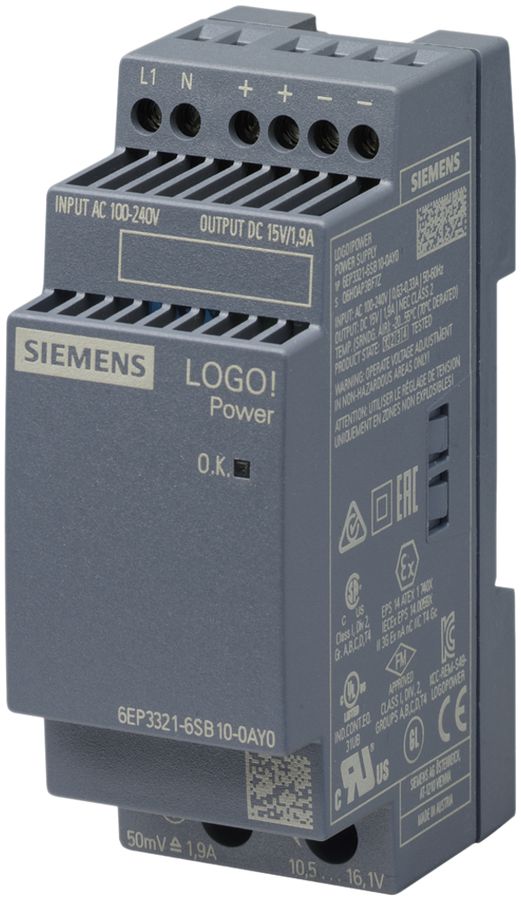 Stromversorgung Siemens LOGO!POWER, IN:100…240VAC, OUT:15VDC/1.9A, 2TE
