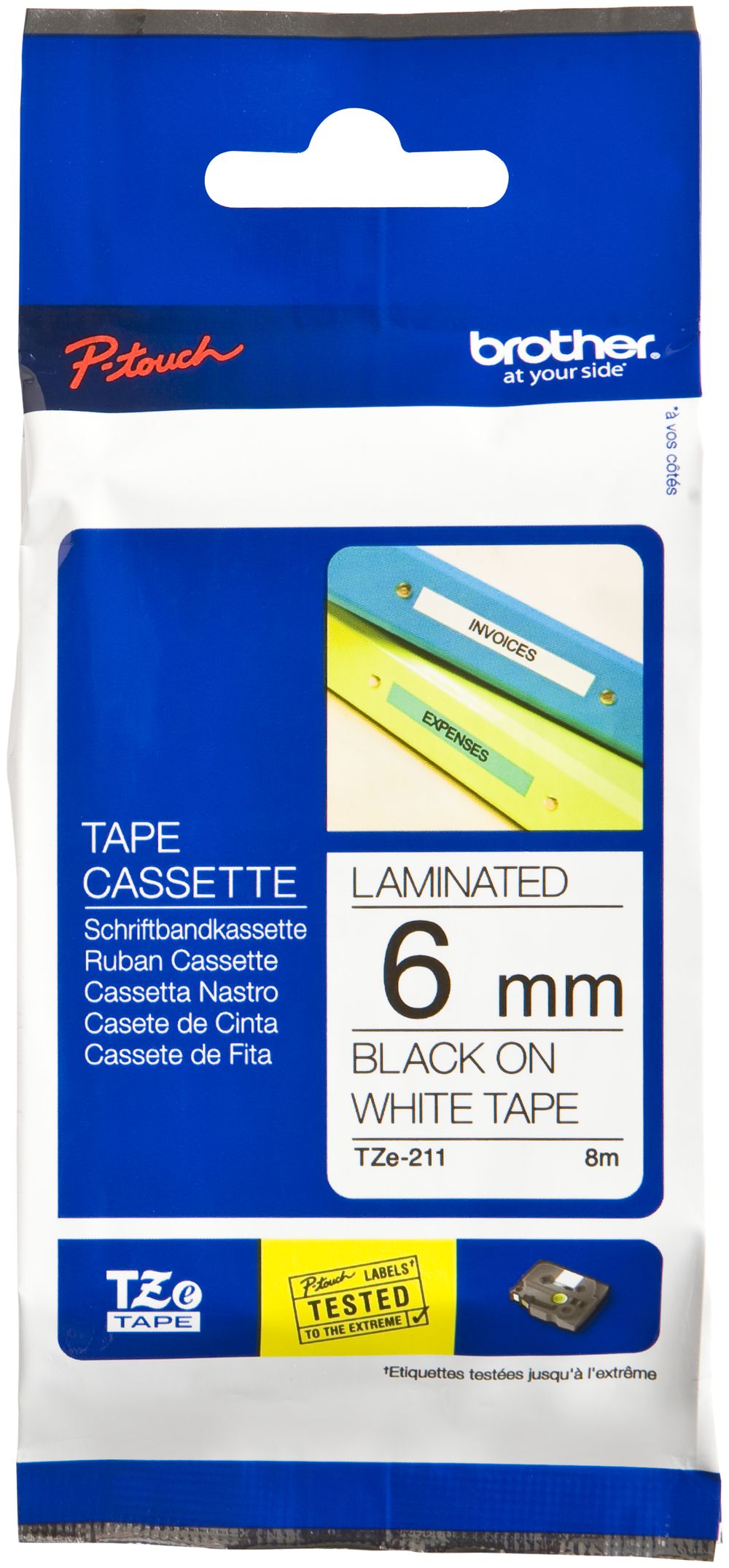 Cassette ruban Brother TZe-211 6mm×8m, blanc/noir