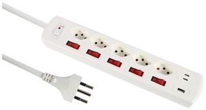Steckdosenleiste 10A m.Ein-/Ausschalter 5×T13 1×USB-A 2×USB-C weiss