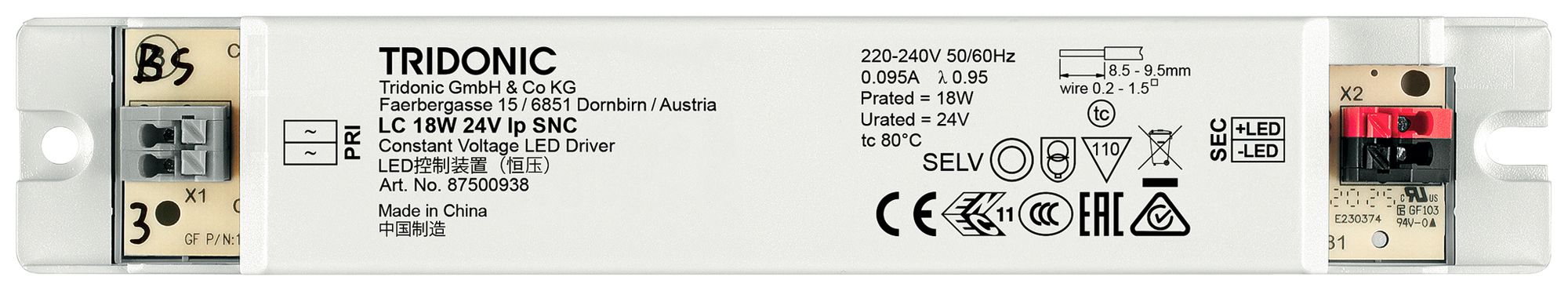 Alimentation LED Tridonic LC SNC 5.4…18W 24V 225…750mA 179×30×21mm