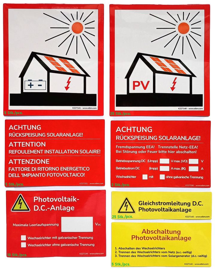 Warnaufkleber ELBRO Photovoltaik  77 Stück in 7 Varianten mit Etui
