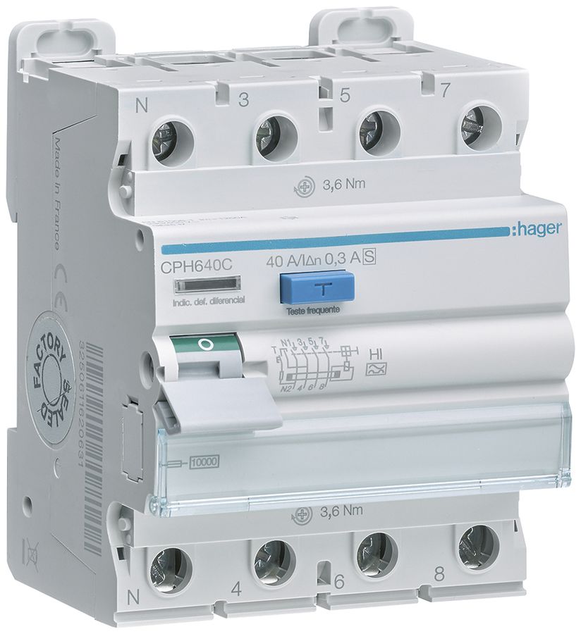 Interruttore differenziale Hager RCCB (RCD) 4P 400V 0.3A tipo A 40A 10kA 4UM