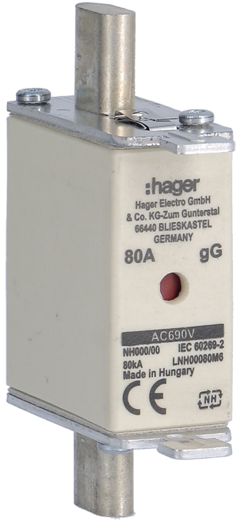 Fusible HPC Hager DIN000 690VAC 80A gG/gL avertisseur double inoxydable