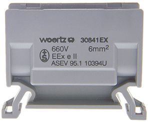 Borne de dérivation Woertz Ex 2.5…6mm² 41A 750V vis 2×1 rail DIN 35mm gris