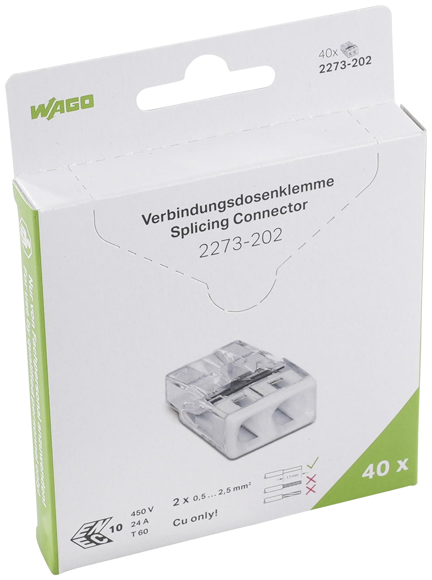 Borne de connexion WAGO 2273-202 en blister 40 pièces 2L 0.5…2.5mm² 24A 450V