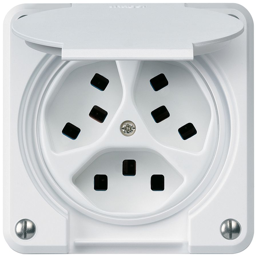 Steckdose Hager robusto, 3×T23, mit Klappdeckel A, weiss