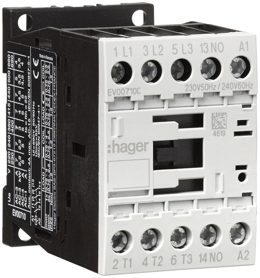 Leistungsschütz Hager 3P+1 Schliesser 7A bei AC-3 Spulenspannung 230VAC