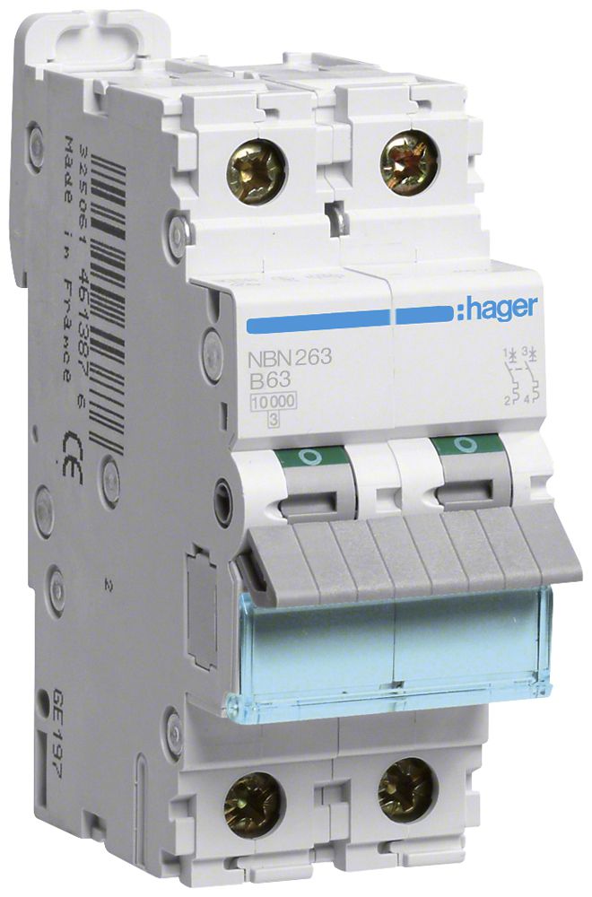 Leitungsschutzschalter Hager MCB 2P 415V Typ B 63A Icn 10kA Icu 15 kA 2TE