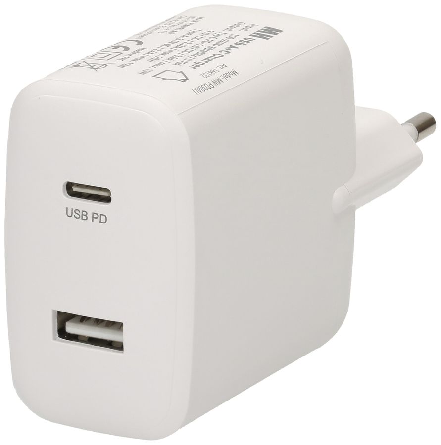 Chargeur USB MAX HAURI 1×A+1×C PD 30W 5/9VDC 2.4/2A T26 240VAC blanc